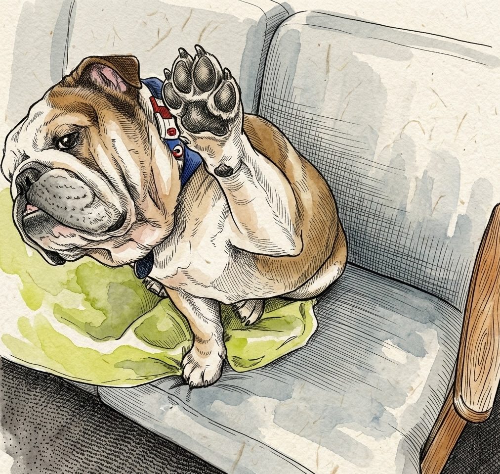 Digby with one paw raised, a quiet little pledge